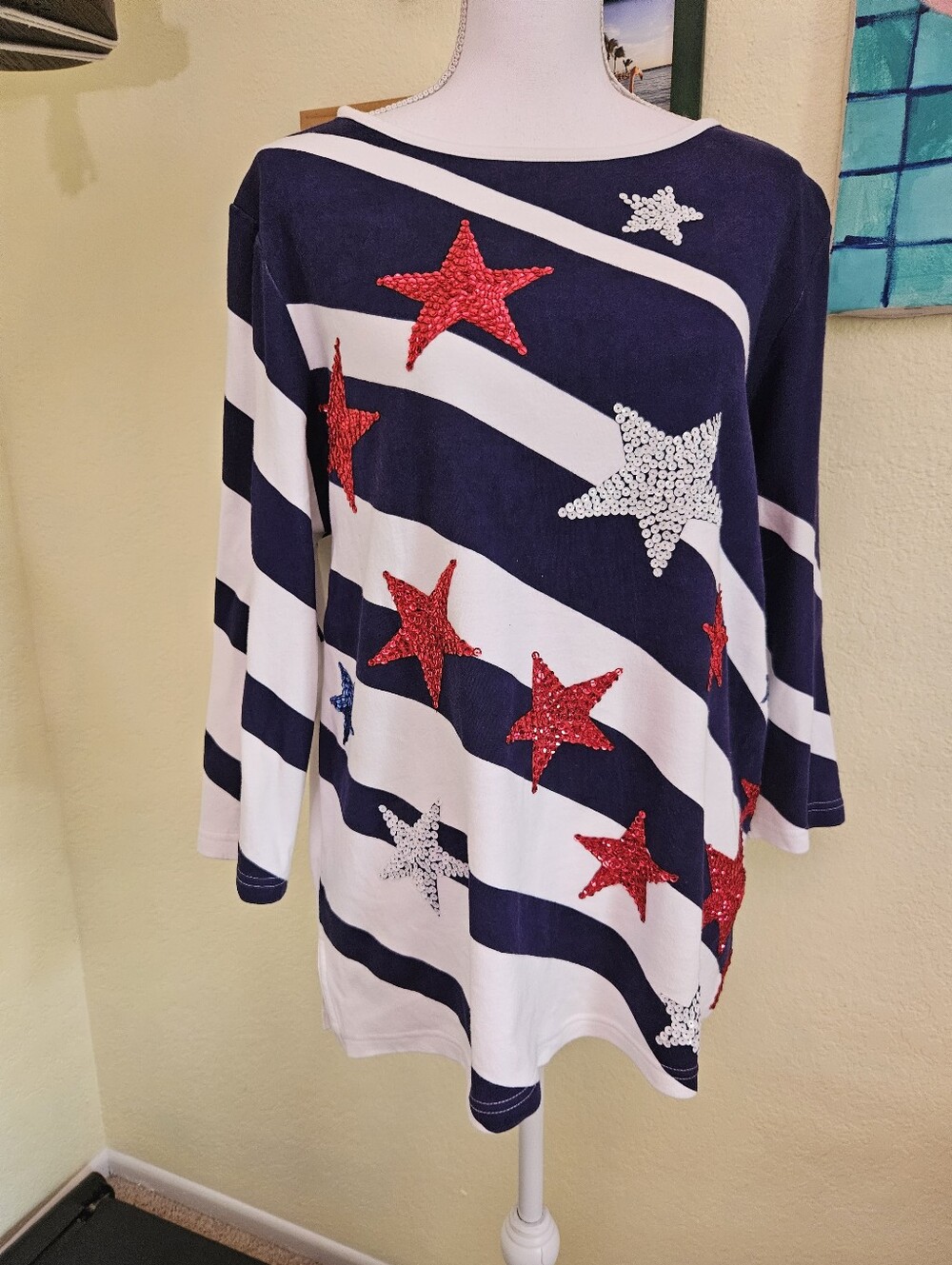 Vintage Diane Essentials Navy blue and white striped shirt with stars. Sz L